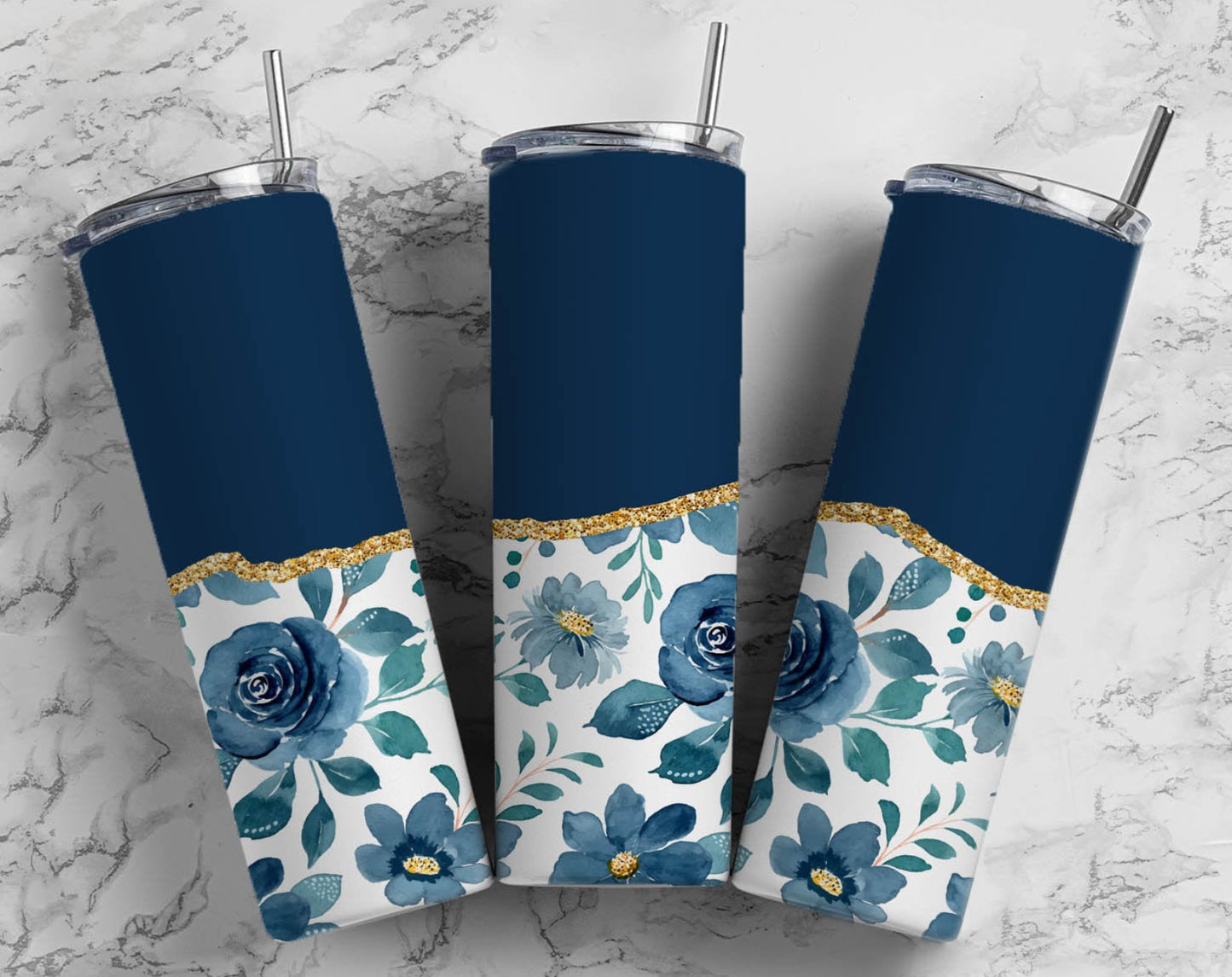 Navy Blue Flower Tumbler