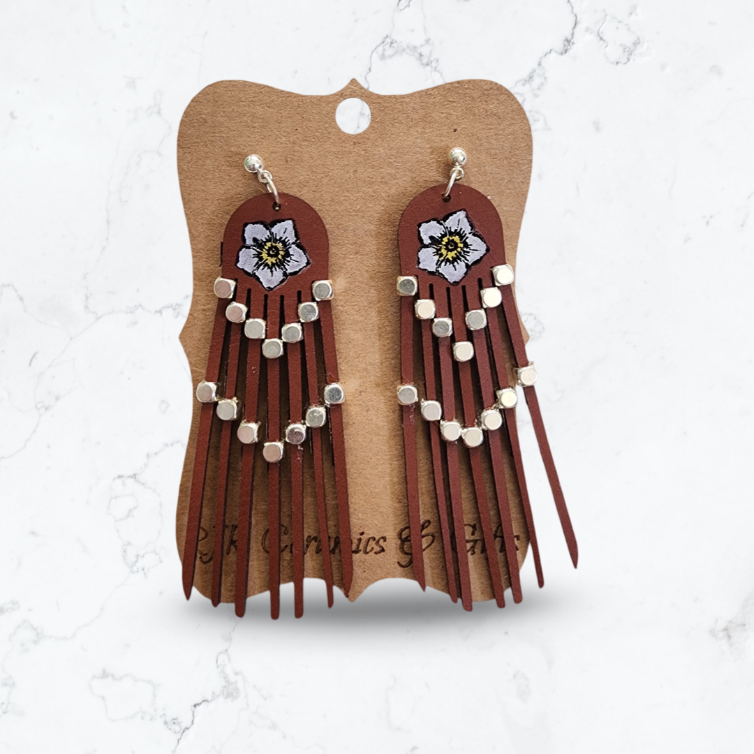 Leather Strip Earrings - White Flower