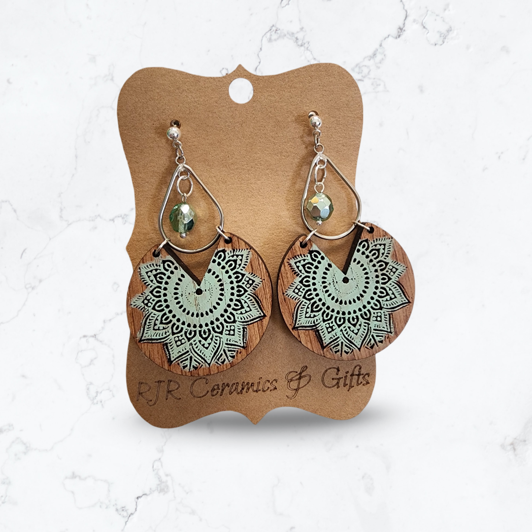 Sliced Mandala Earrings w/ Bead - Mint