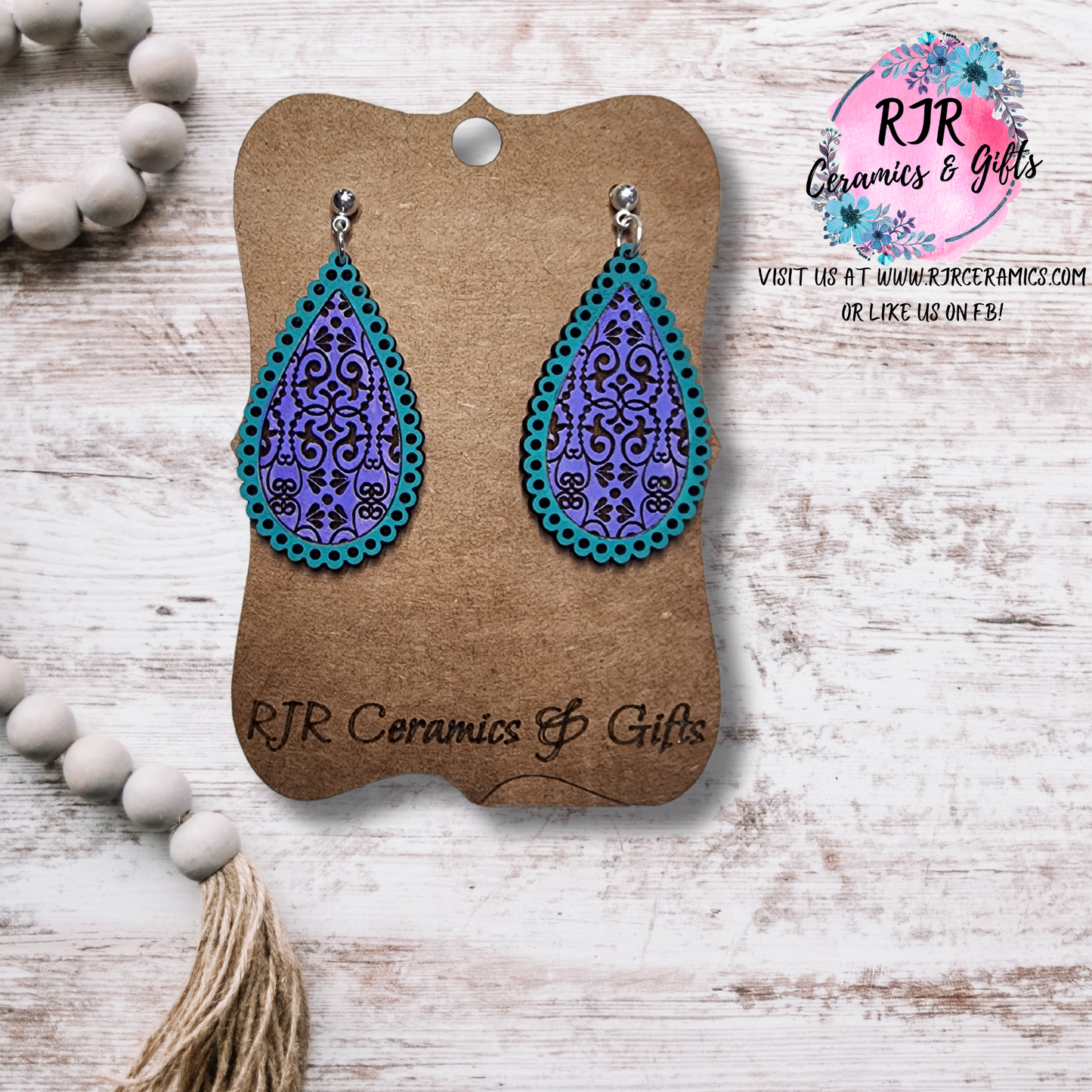Engraved and Scalloped Wooden Earrings - Purple w/ Teal Trim