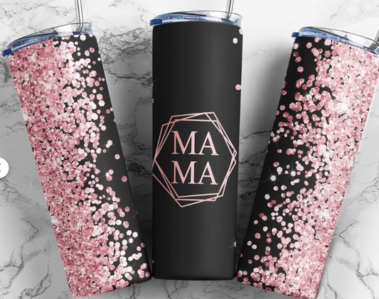 MAMA Black and Pink Glitter Tumbler