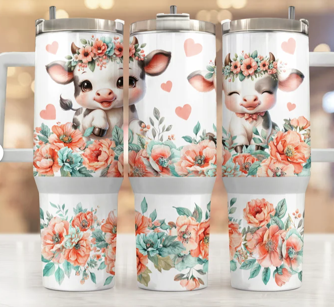 40 oz Peach, Teal, and White Cow Tumbler