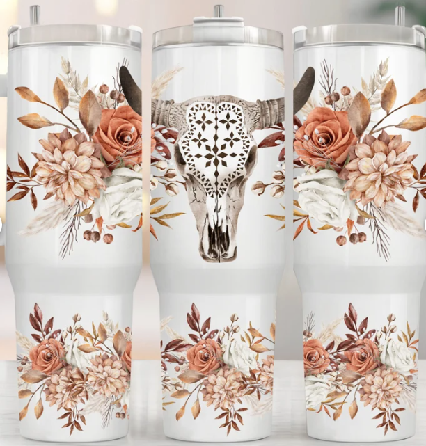 40 oz Peach Floral Cow Skull Tumbler