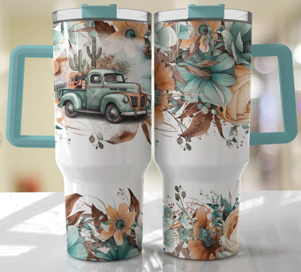 40 oz Turquoise Truck and Flowers Tumbler