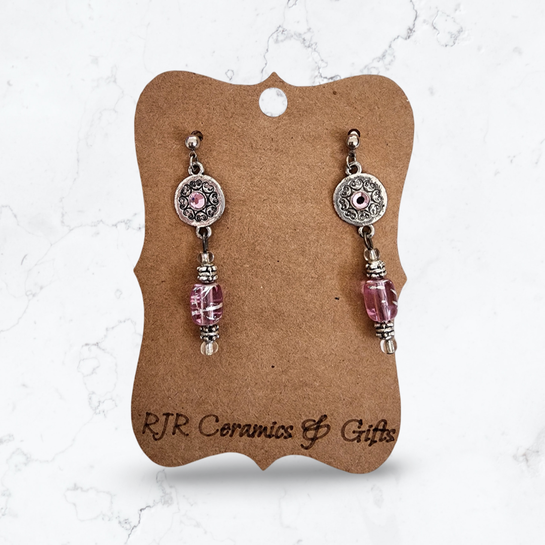 Pink/Silver Shield and Bead Earrings