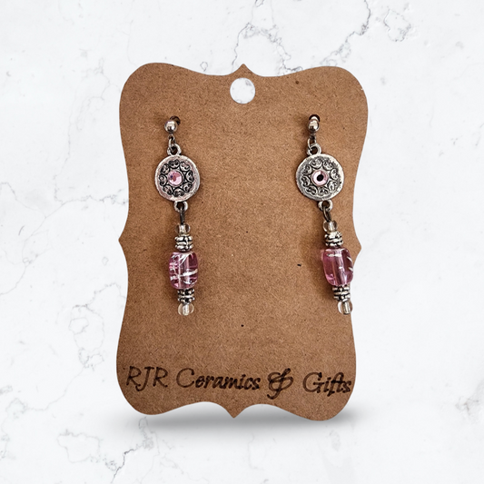 Pink/Silver Shield and Bead Earrings