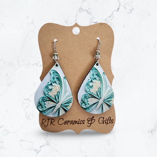 Grey and Turquoise Butterfly Sublimation Earrings w/ Bead