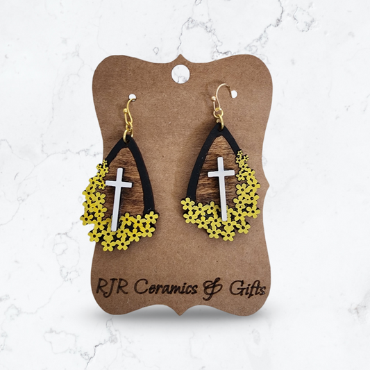 Black, Yellow, White, & Oak Christian Cross w/ Flowers Earrings