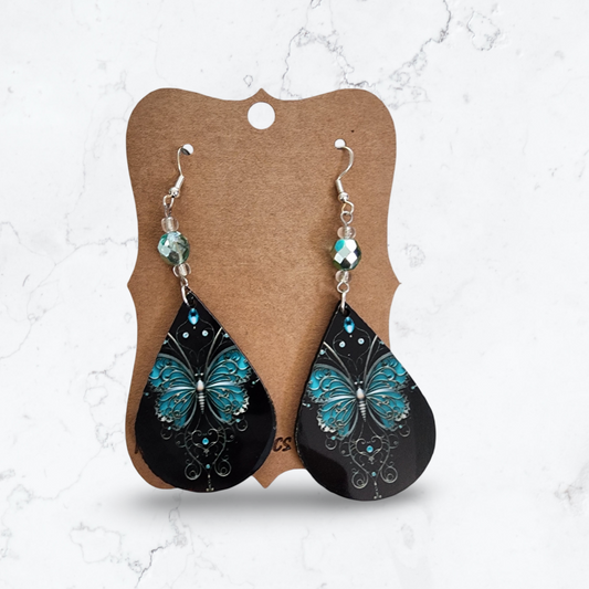 Black and Teal Butterfly Sublimation Earring w/ Iridescent Bead