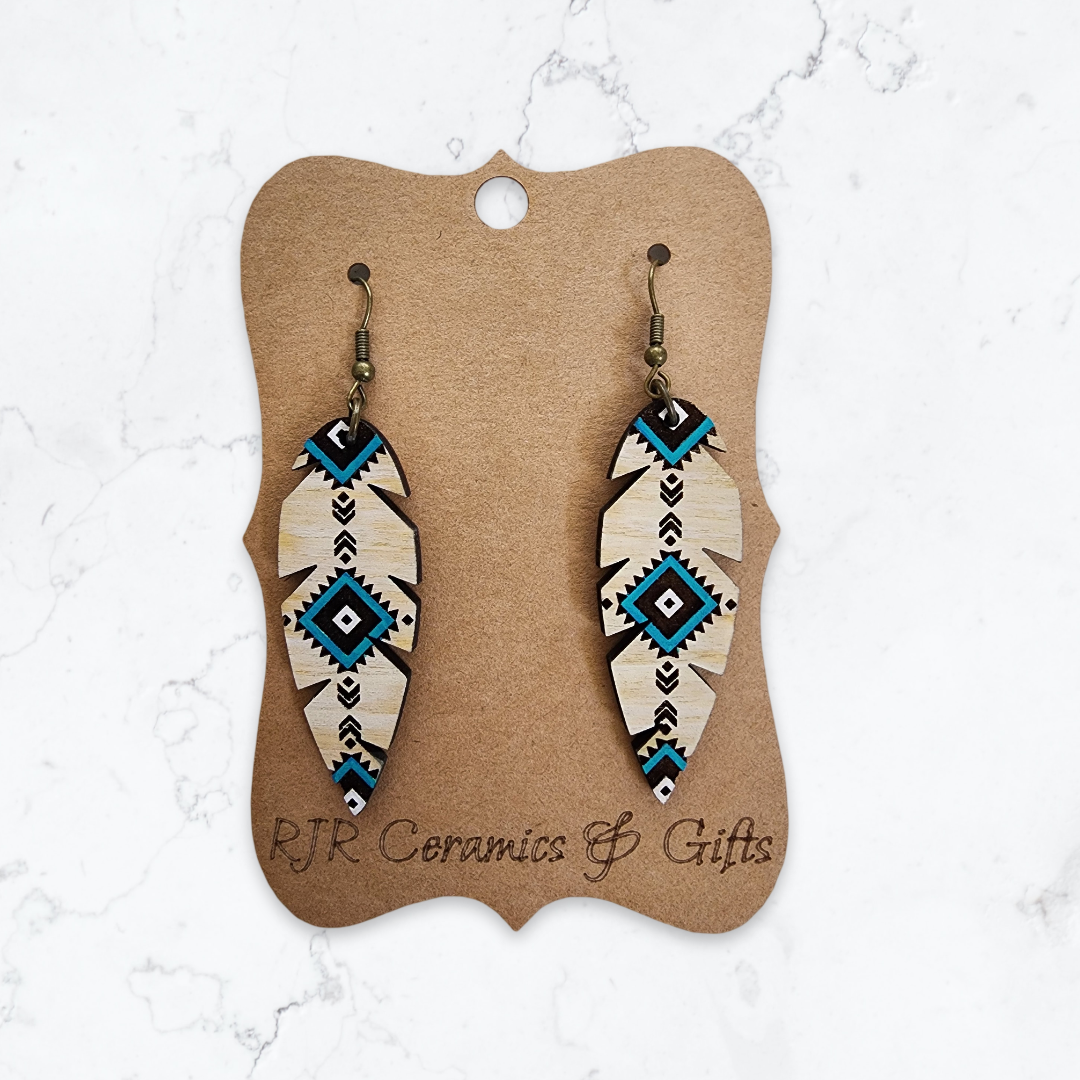 Natural Wood and Teal Feather Earrings