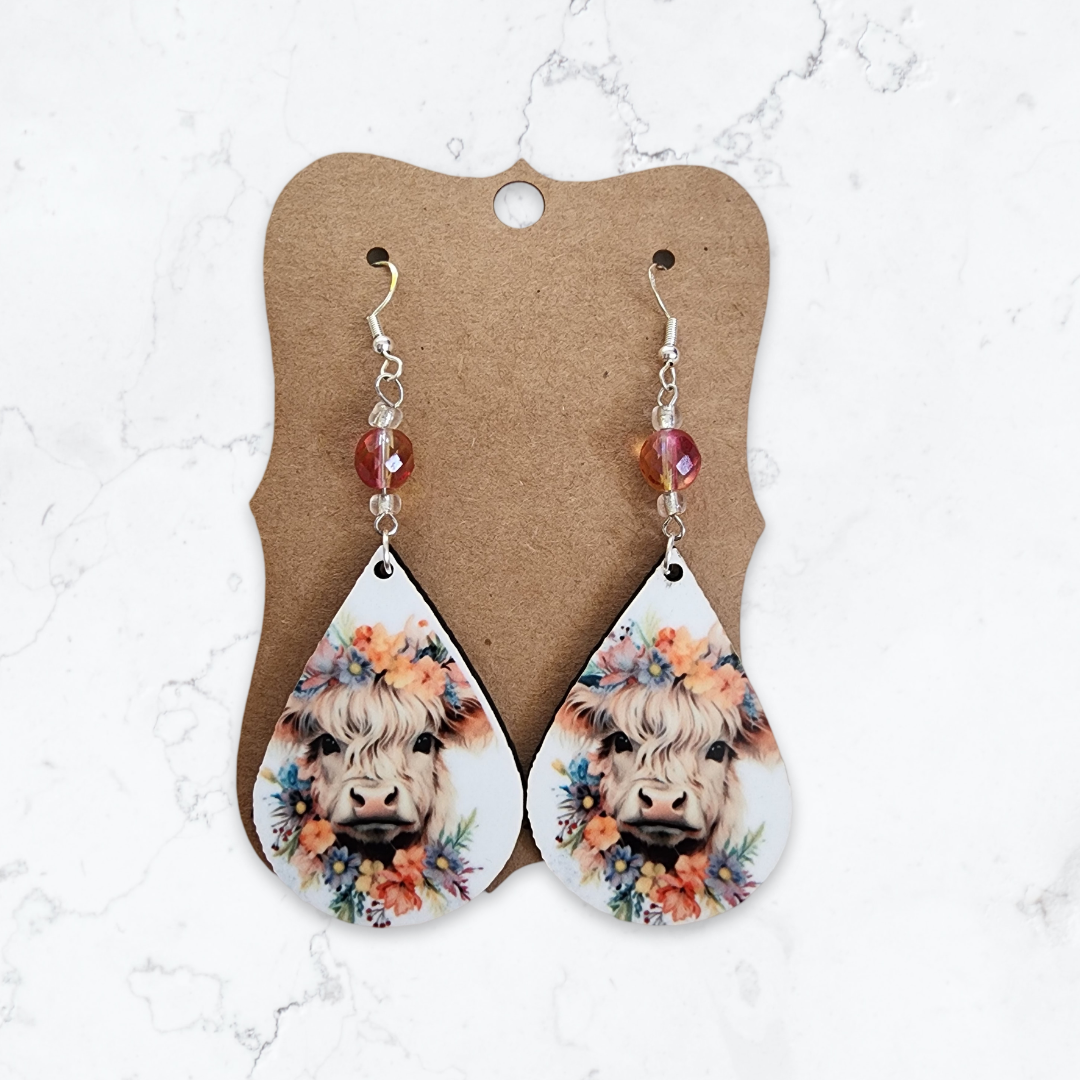 Highland Cow and Flowers Sublimation Earrings w/ Bead