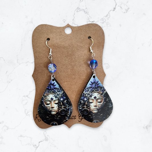 Blue, Purple, Gold Mask Sublimation Earrings w/ Bead