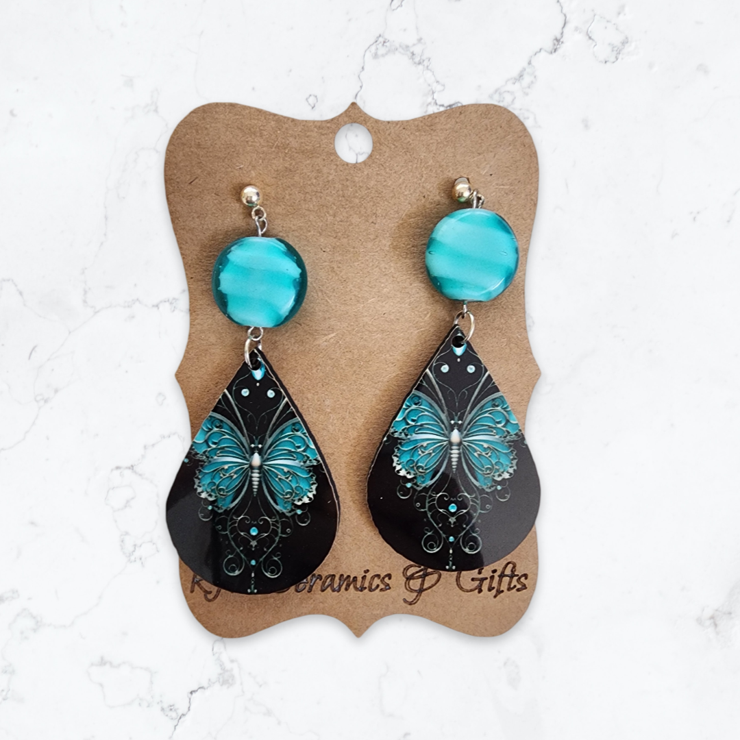 Black and Turquoise Butterfly Sublimation Earrings w/ Turquoise Stone