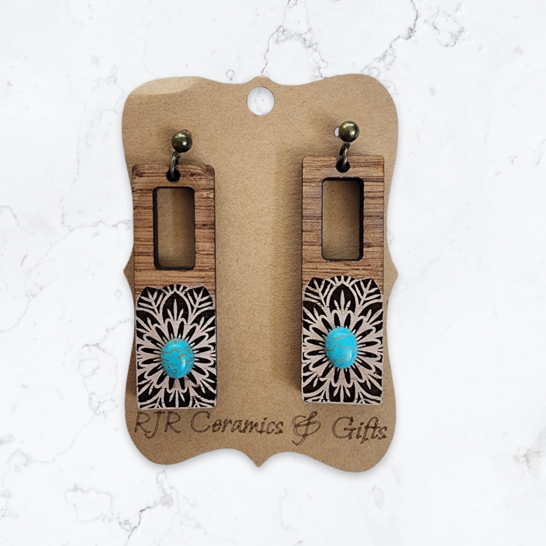 Light Pink Rectangle Mandala Earrings w/ Turquoise Stone