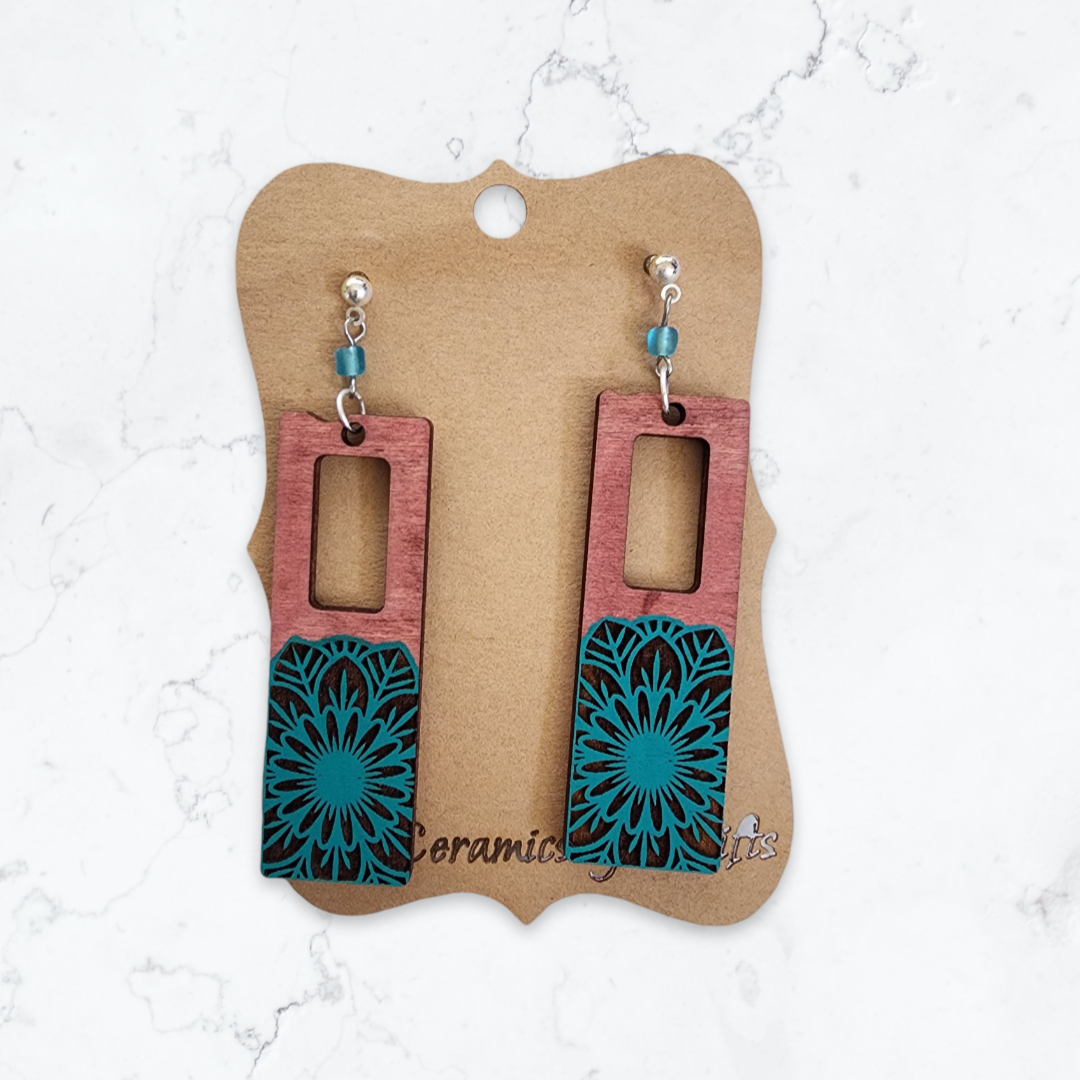 Long Rectangle Cut-Out Mandala Earrings w/ Bead - Teal