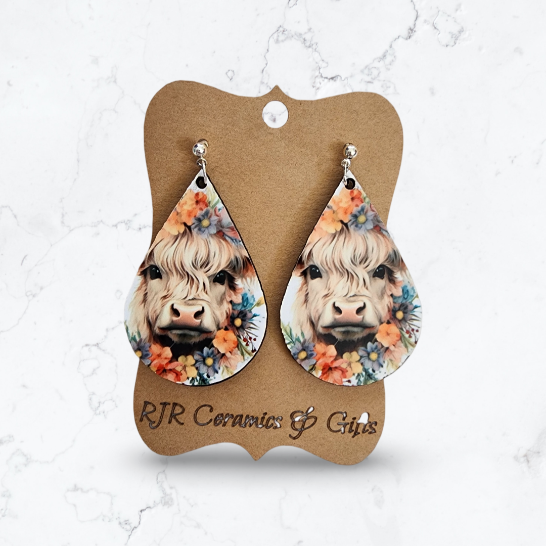 Floral Highland Cow Sublimation Earrings