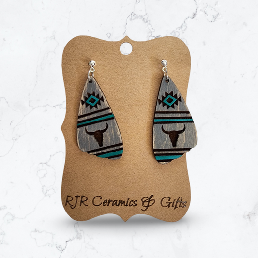 SW Cow Skull Earrings in Grey and Teal