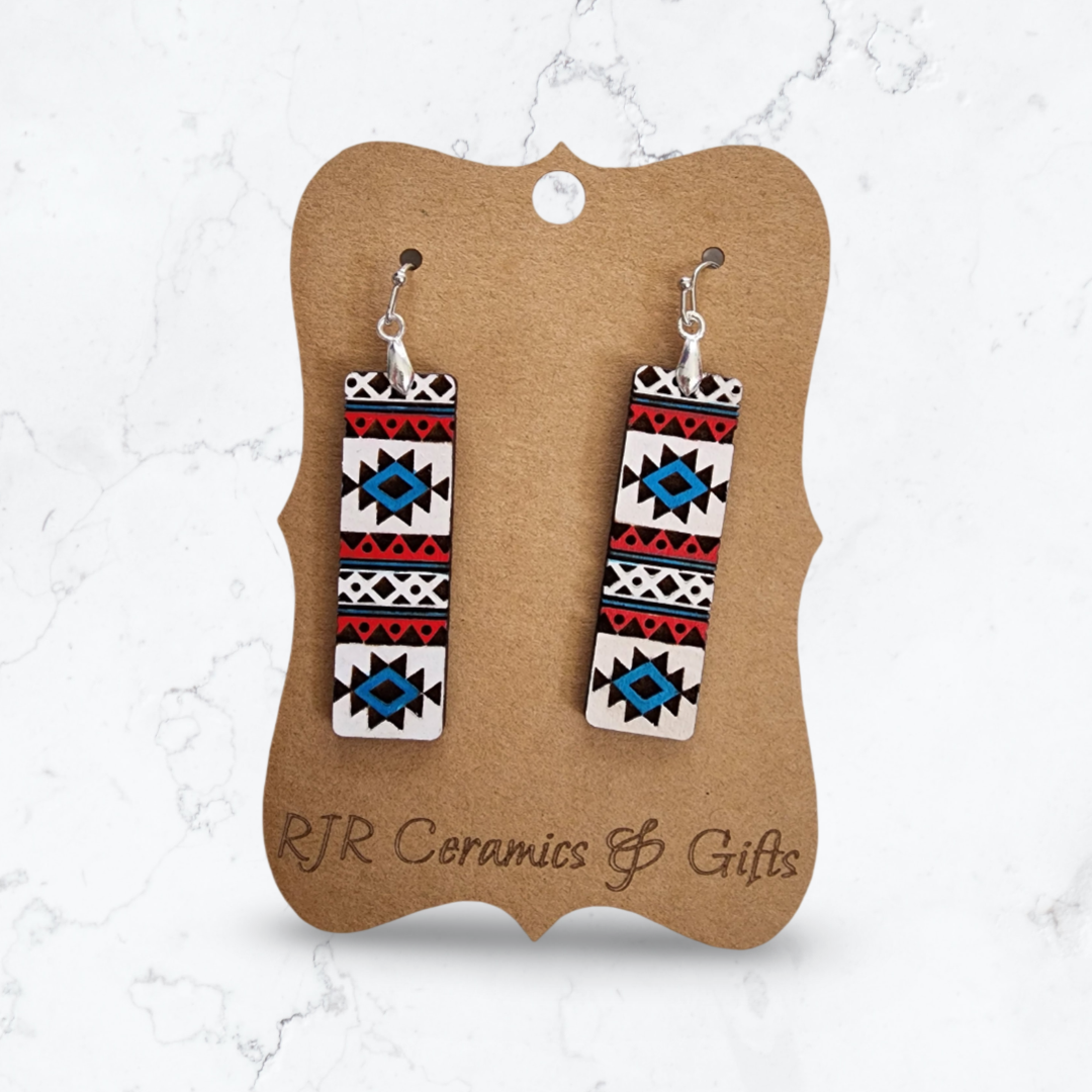 Blue, Red, and White Aztec Rectangle Earrings