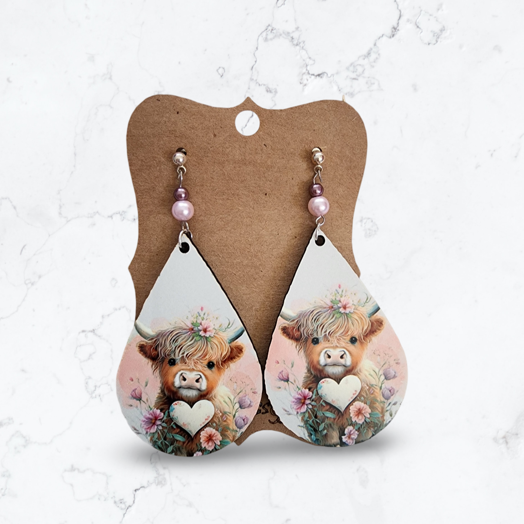 Highland Cow w/ Heart Sublimation Earrings