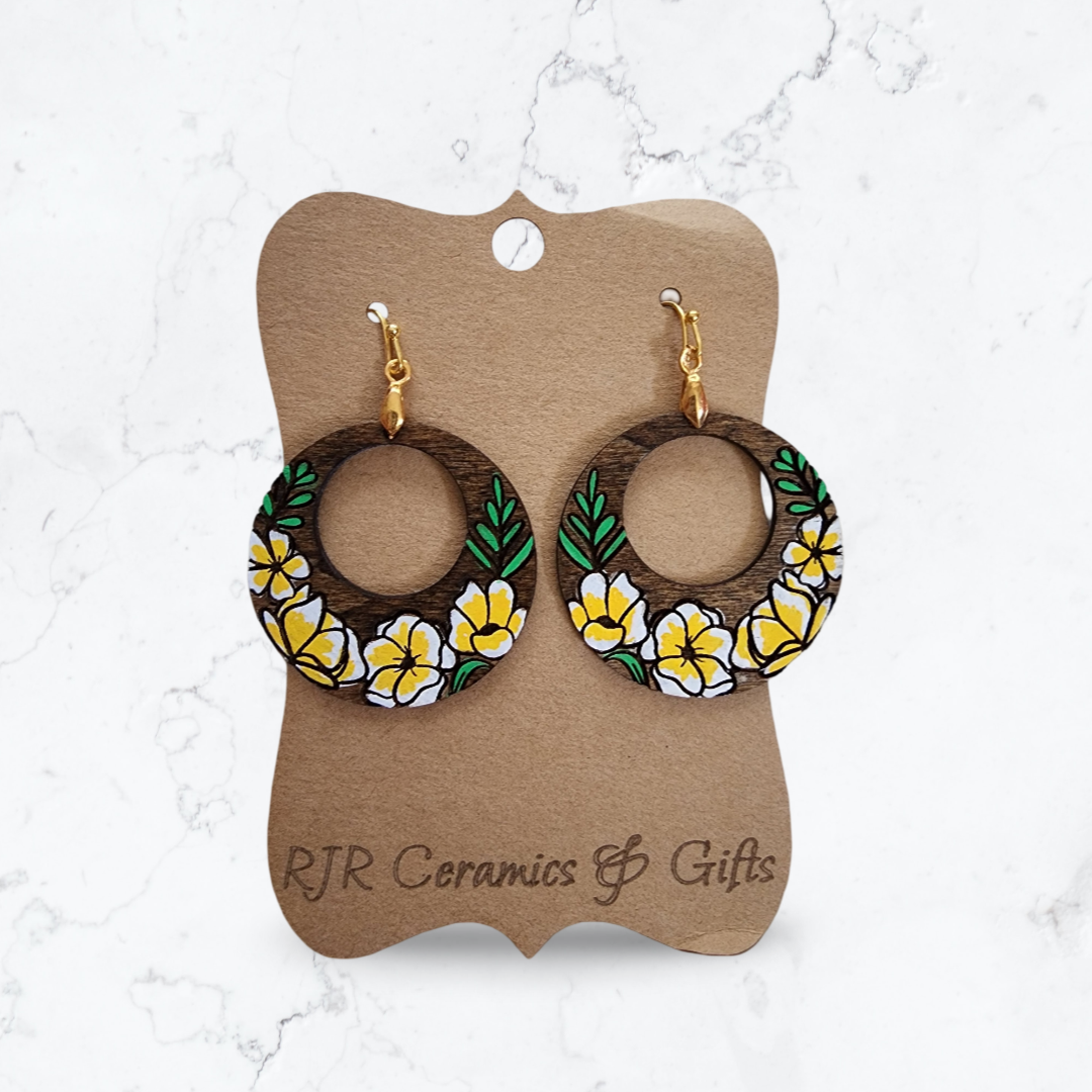 Floral Round Cutout Earrings - Yellow/White