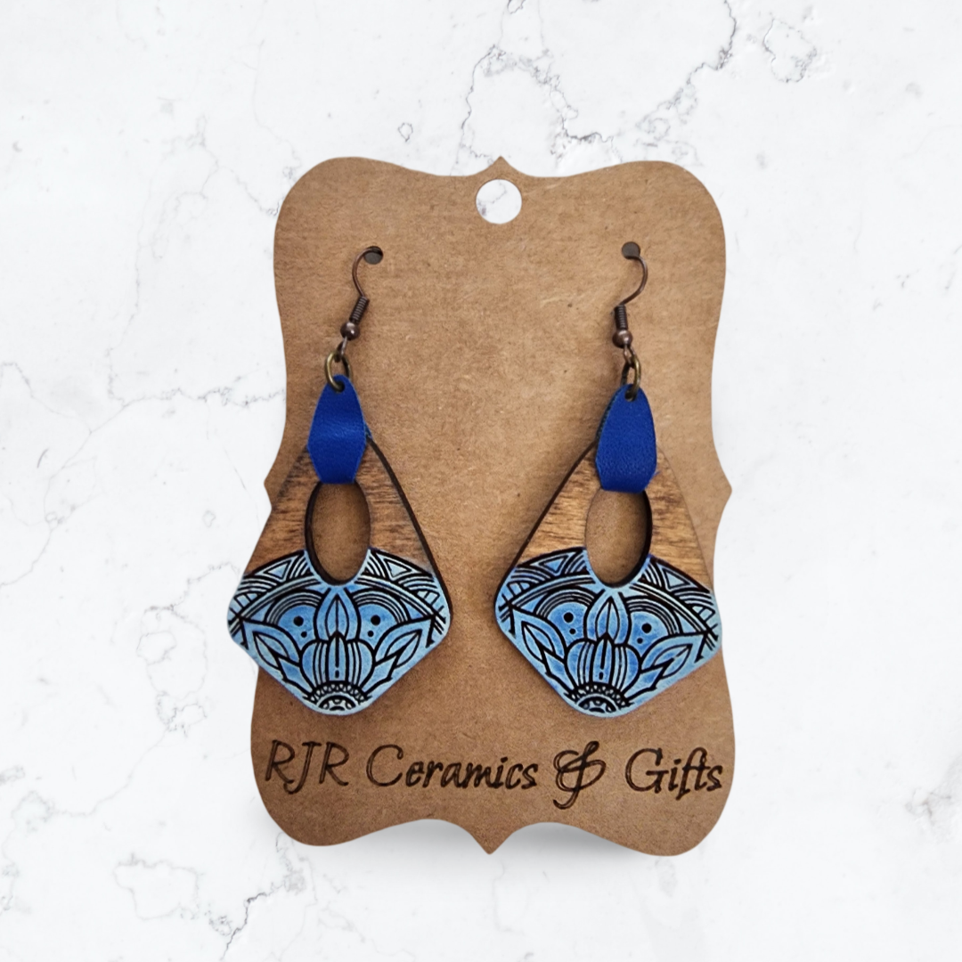 Blue Diamond Mandala Earrings w/ Leather Strap