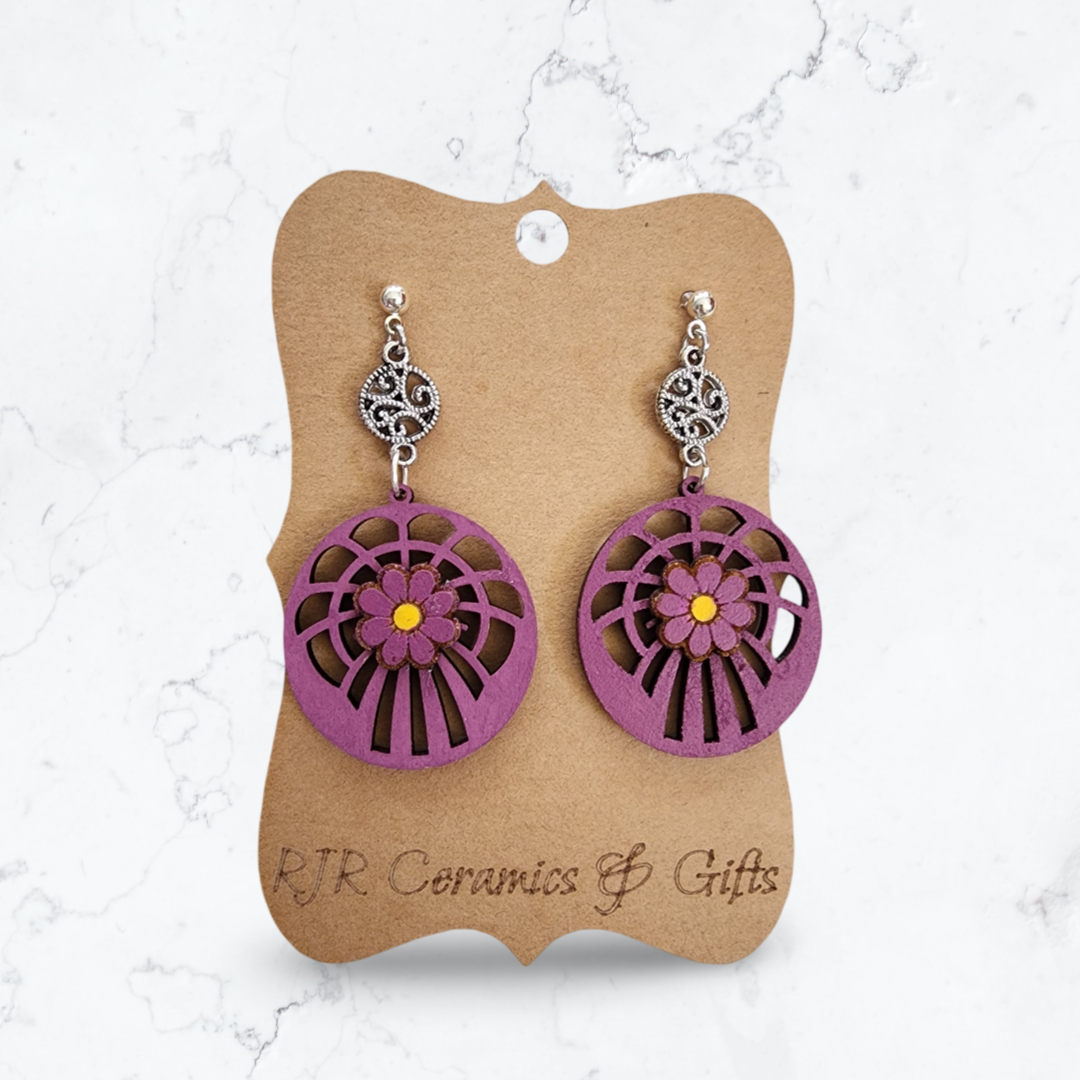 Mauve Flower Cutout Earrings w/ Silver Pendant