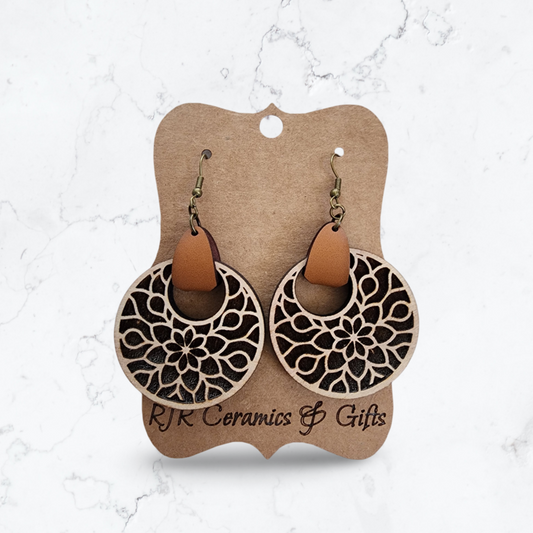 Engraved Flower Circle Mandala Earrings w/ Leather Strap