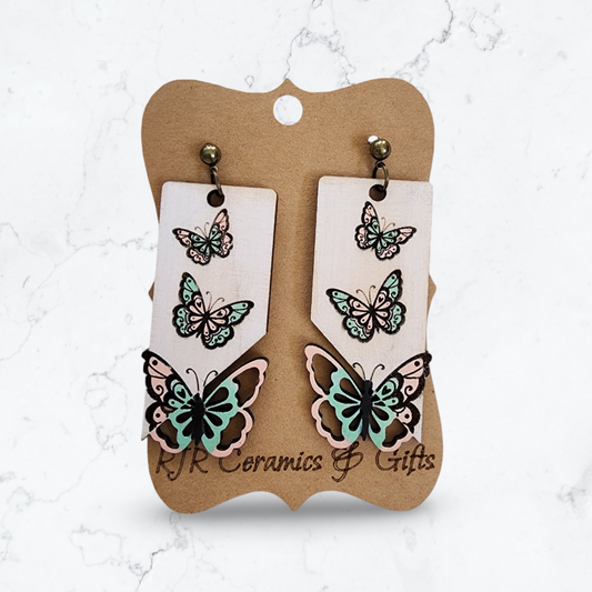 Mint and Pink Butterfly Rectangle Earrings