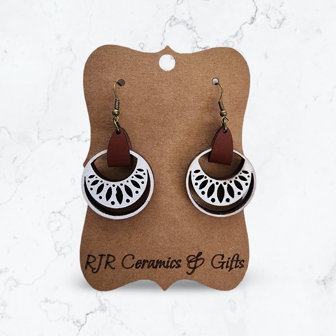 White Cutout Earrings w/ Leather Strap - Oval