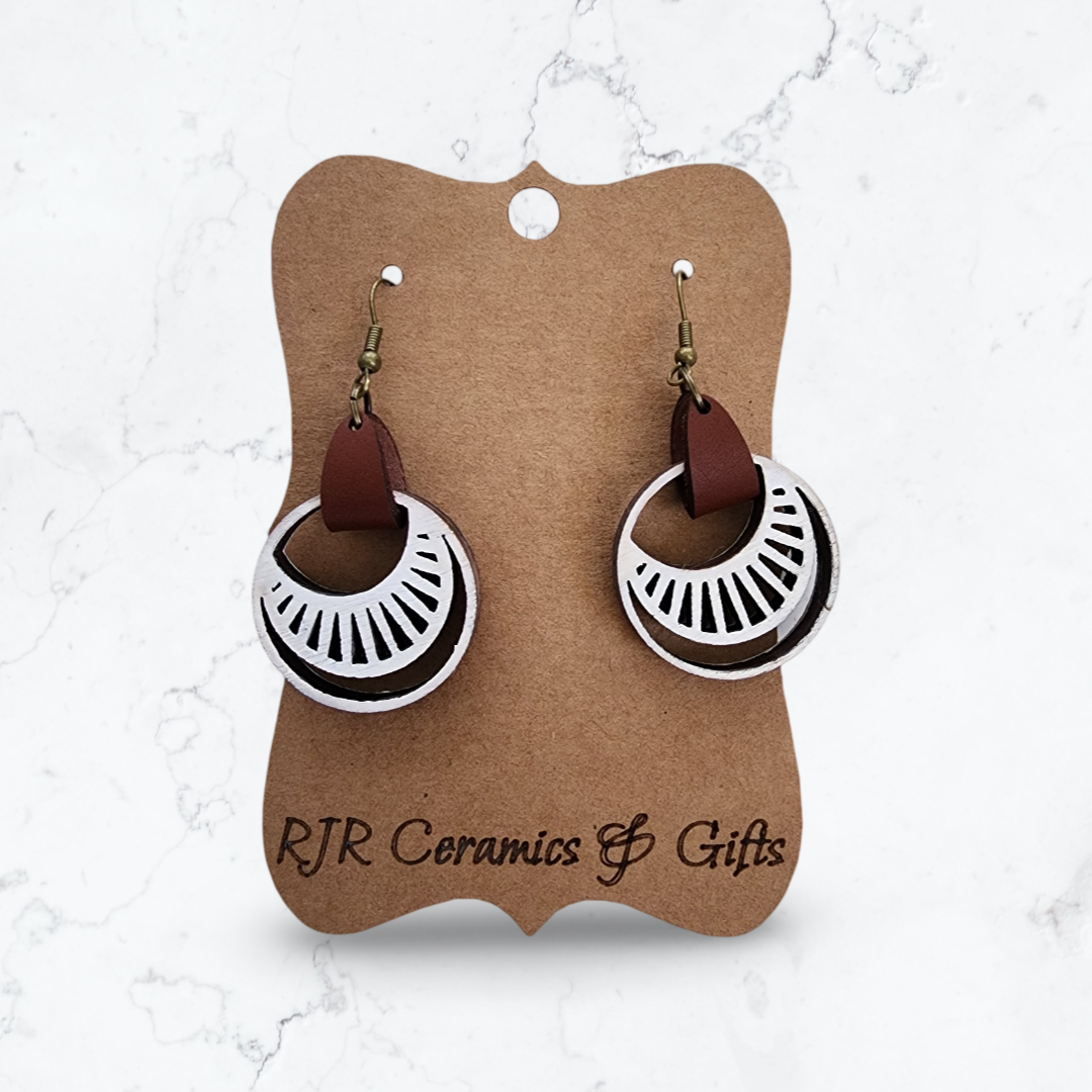 White Cutout Earrings w/ Leather Strap - Rays w/ Crescent