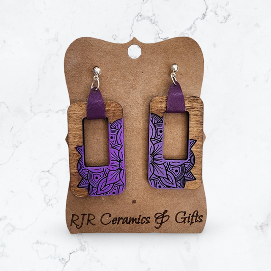 Rectangle Cutout Mandala Earrings w/ Leather Strap - Purple