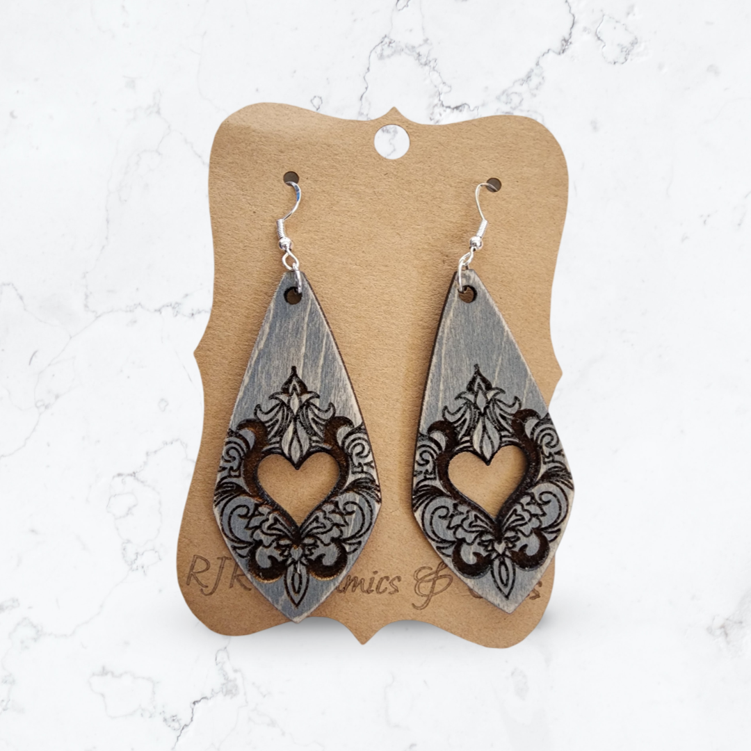 Distressed Heart Cutout Earrings - Grey