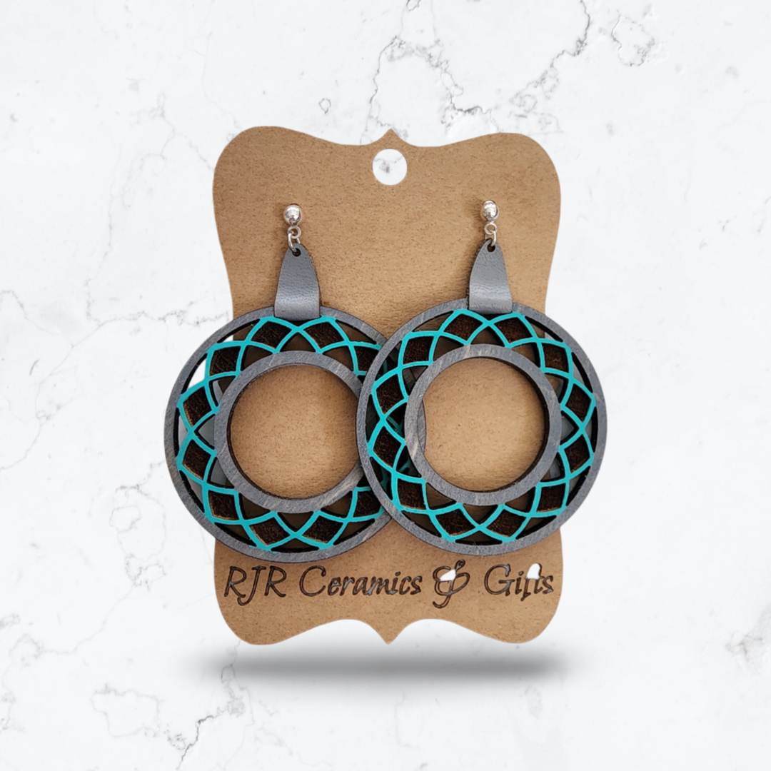 Diamond Cutout Circle Earrings - Grey and Turquoise