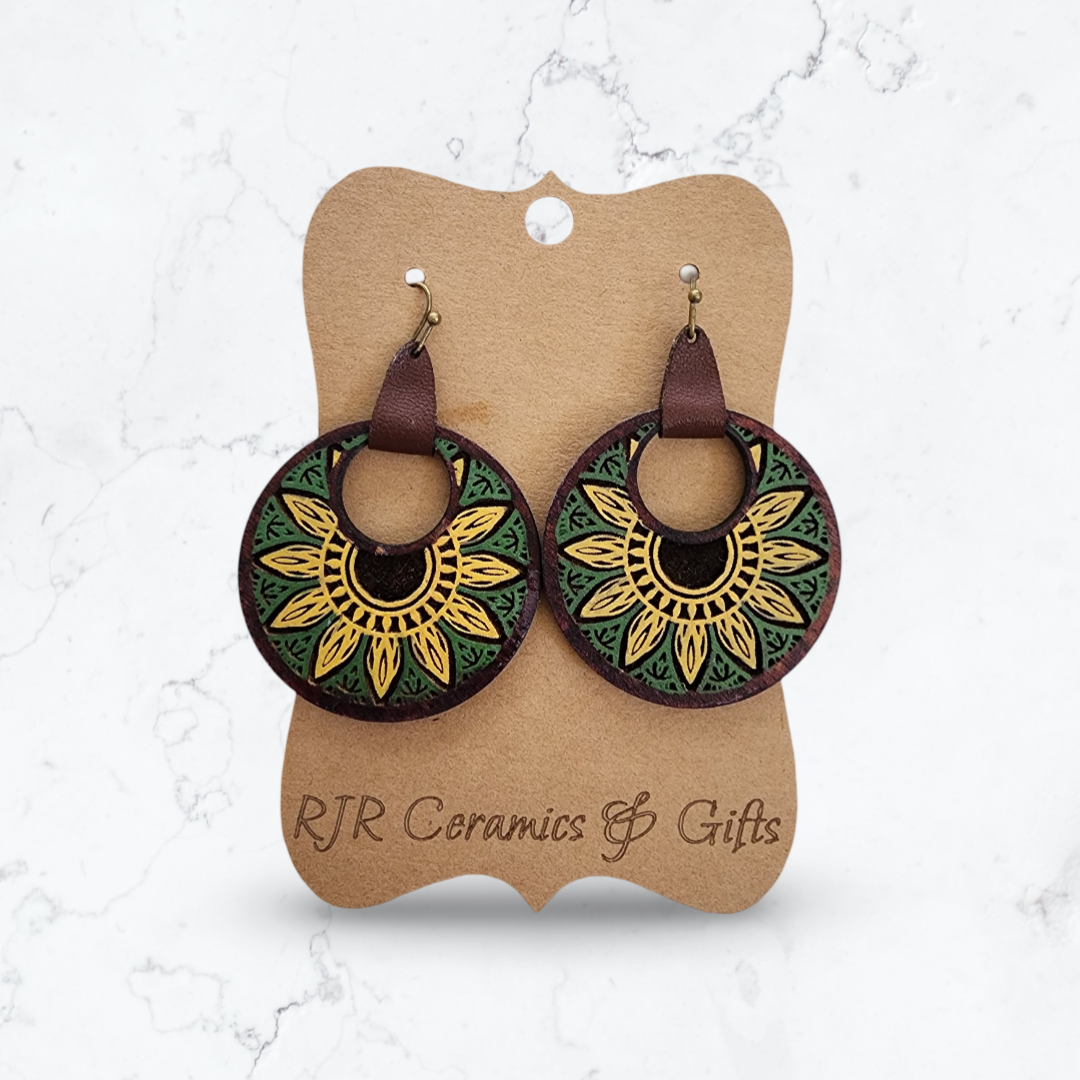 Sunflower Mandala Earrings w/ Leather Strap - Green