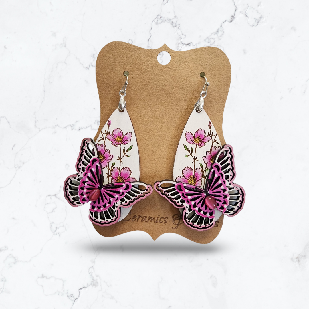 White & Pink Flower/Butterfly Earrings w/ Bead