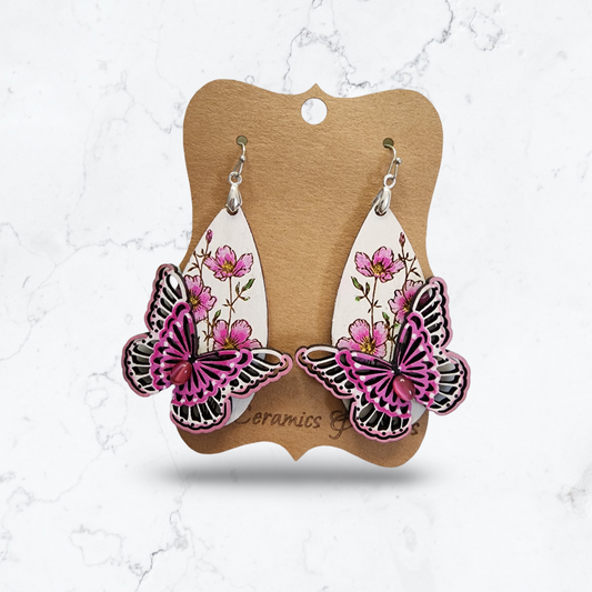 White & Pink Flower/Butterfly Earrings w/ Bead