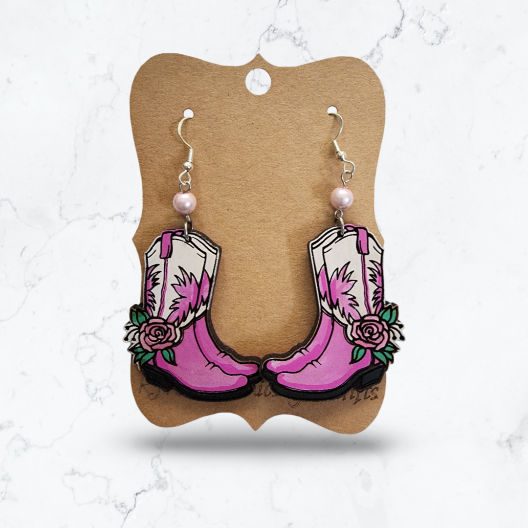 Pink & White Cowboy Boot Earrings