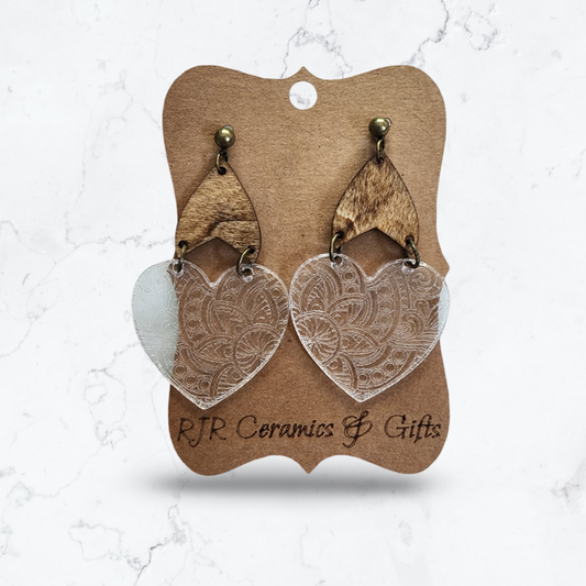 Acrylic & Wood Engraved Heart Earrings