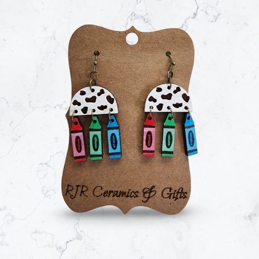 Teacher Crayon Earrings - Cow Print