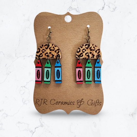 Teacher Crayon Earrings - Cheetah Print