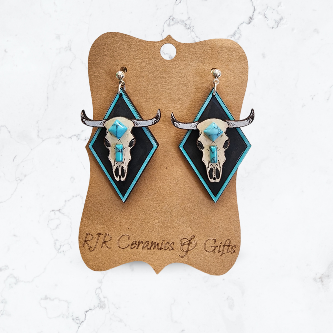 Diamond Cow Skull Earrings w/ Turquoise Pieces