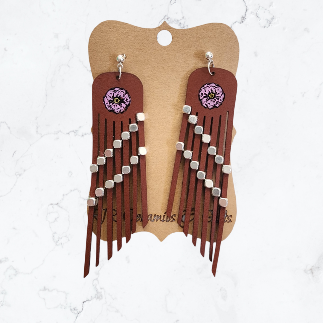 Diagonal Leather Strip Earrings - Pink Flower