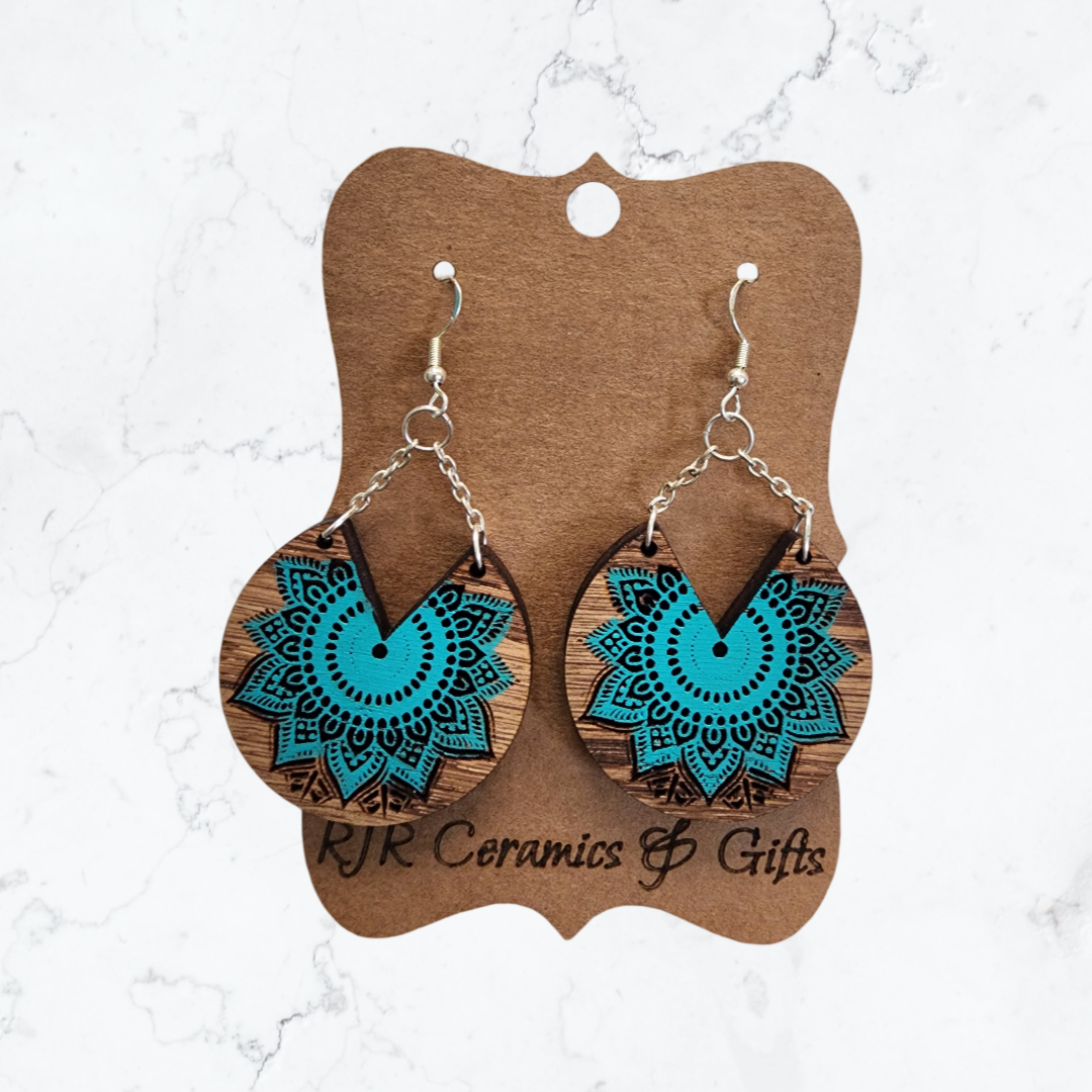 Sliced Mandala Earrings w/ Chain - Teal