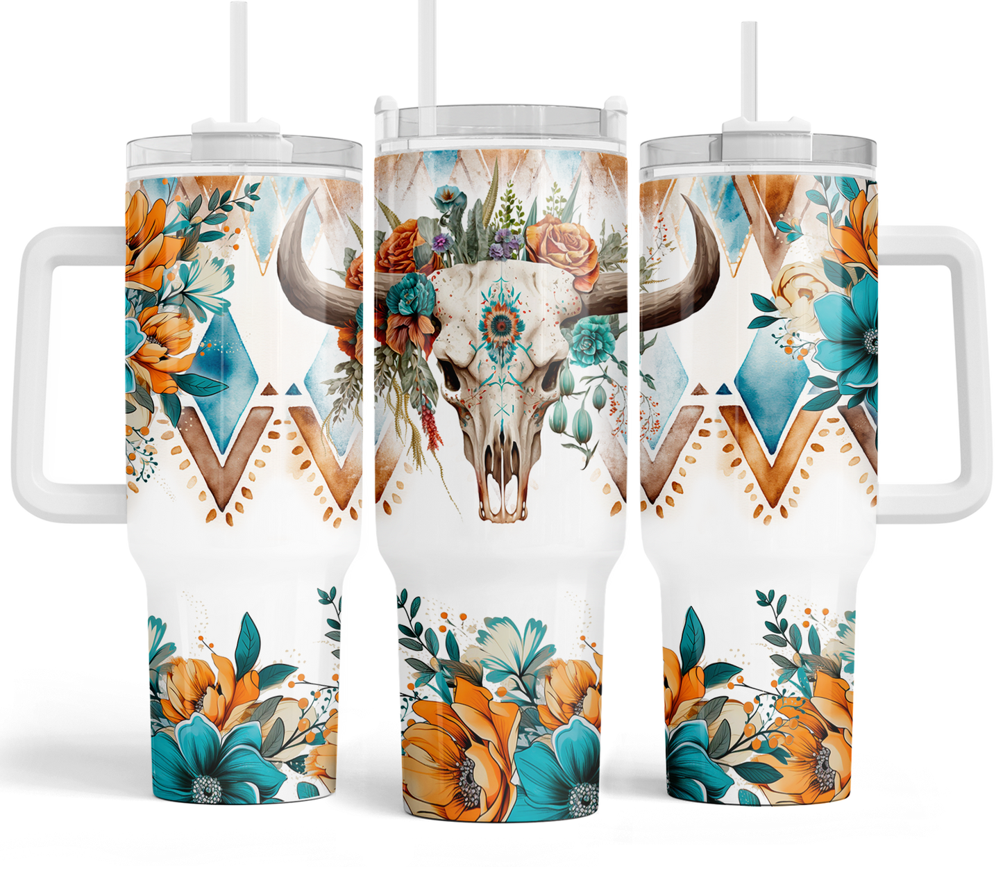 40 oz Cow Skull with Teal and Orange Flowers