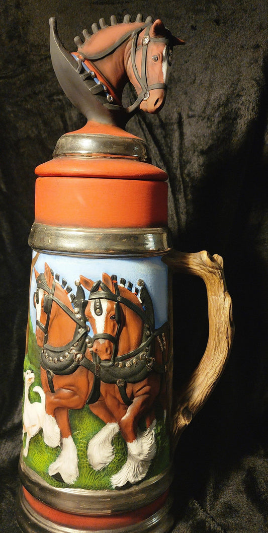 Handpainted Clydesdale Beer Stein with Real Fired on White Gold