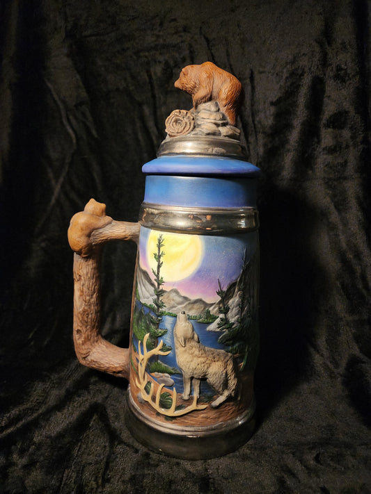 Handpainted Bear and Wolf Beer Stein with Real Fired on White Gold