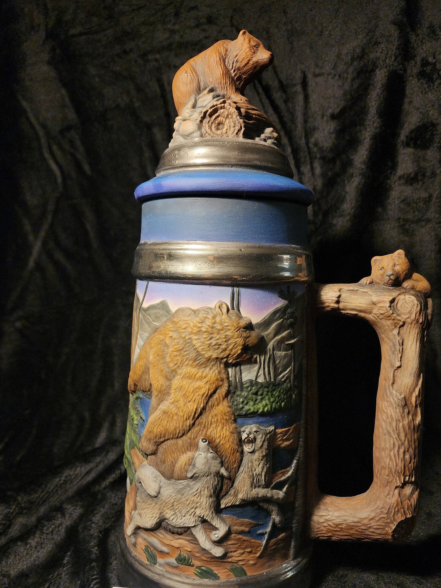 Handpainted Bear and Wolf Beer Stein with Real Fired on White Gold